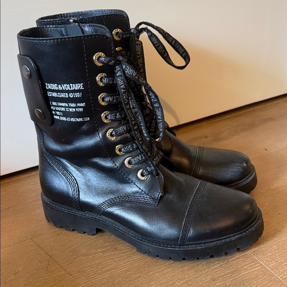 Zadig & Voltaire Women’s  Black Leather Lace-Up Combat Boots